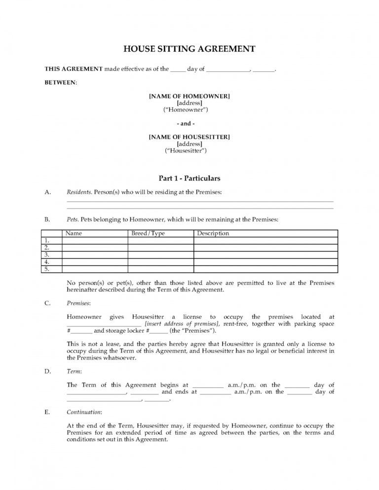 Printable House Sitting Agreement House Sitter Checklist Template