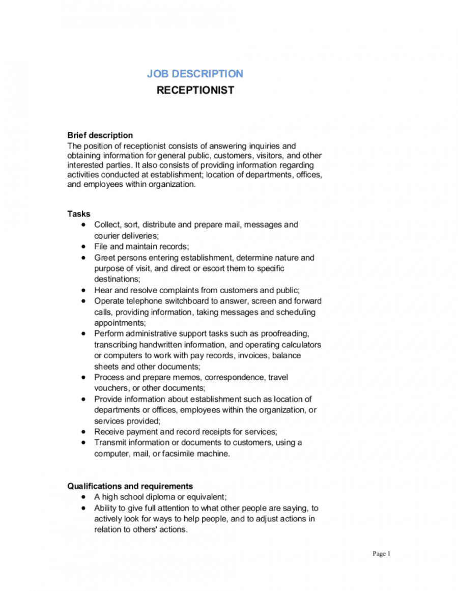 travel agency receptionist job description