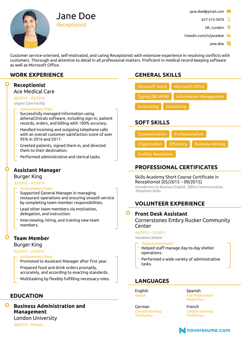 Receptionist Resume Sample [Job Description Skills & Tips] Receptionist