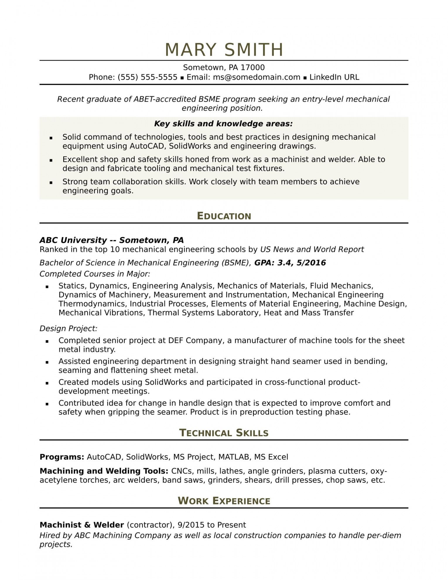 Sample Resume For An Entrylevel Mechanical Engineer Mechanical Engineer