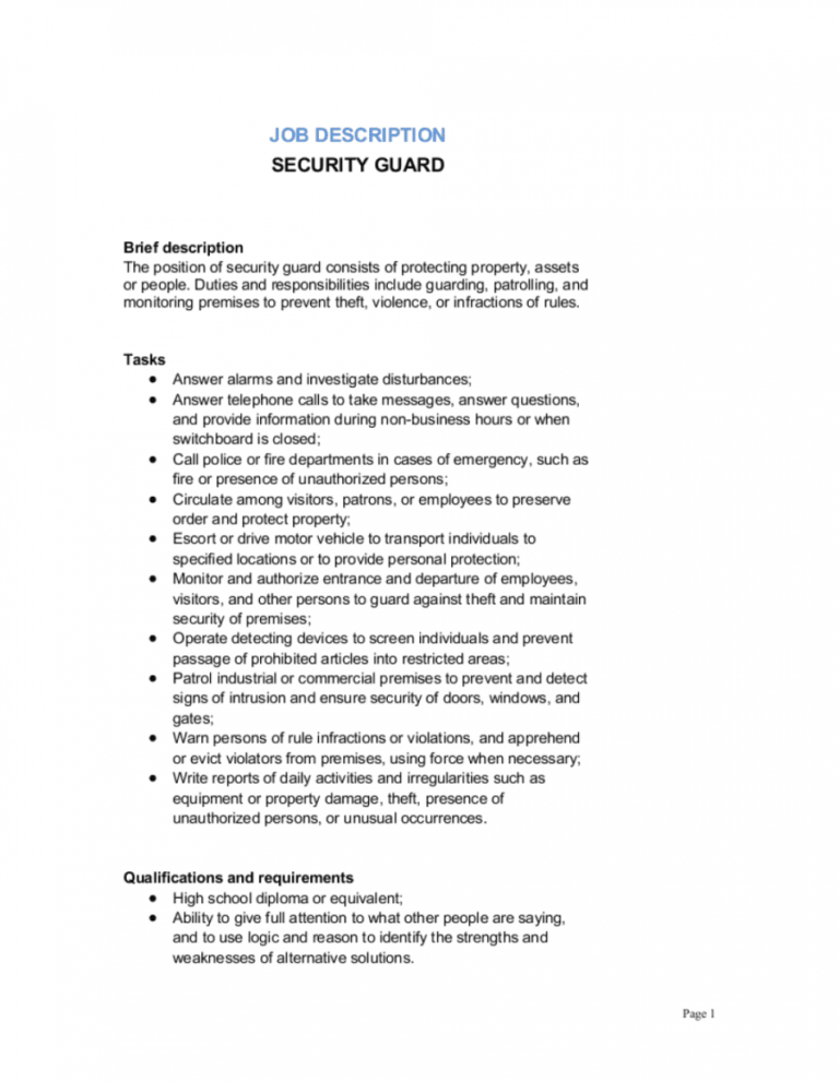 Security Guard Job Description Template By Businessinabox™ Security