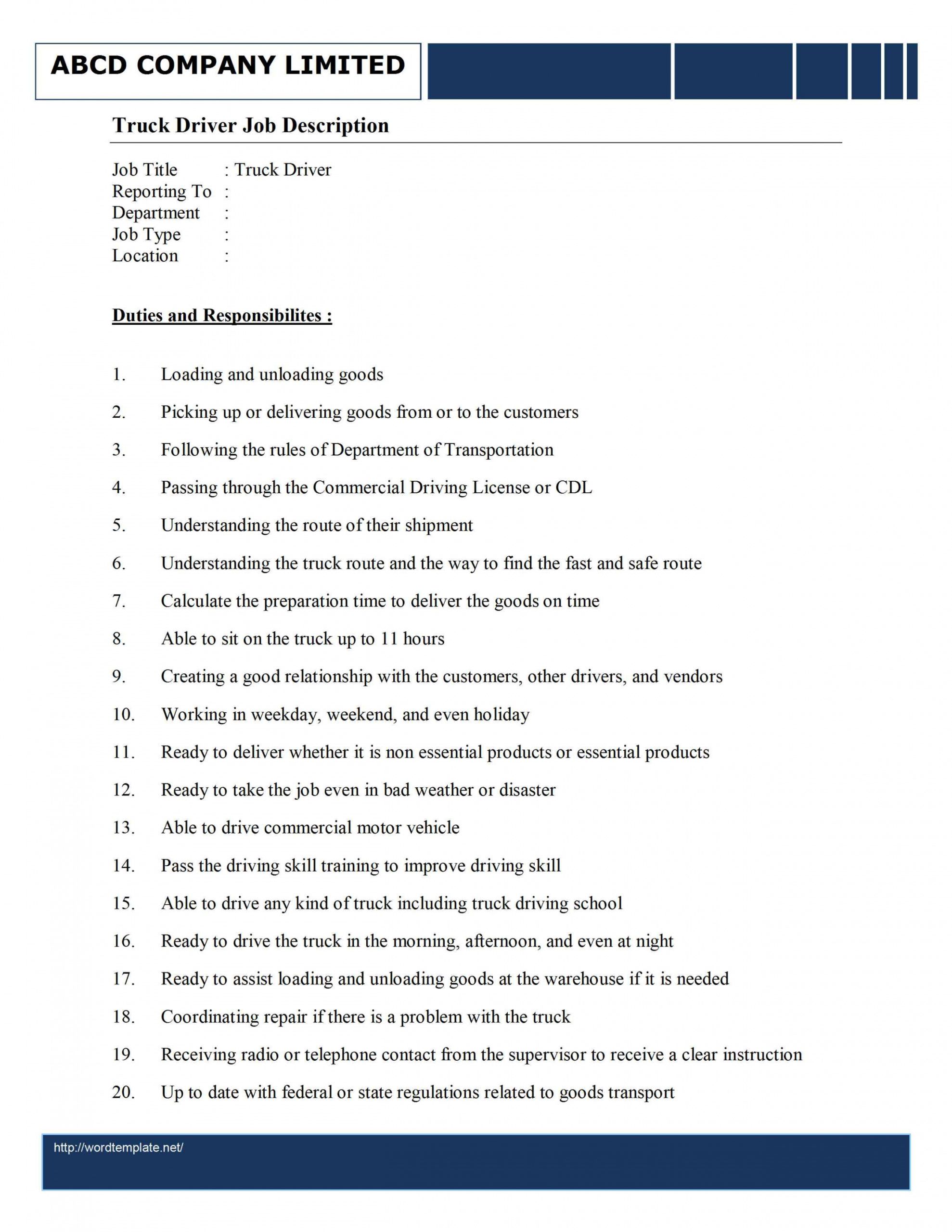 truck driver job description template truck driver job description template