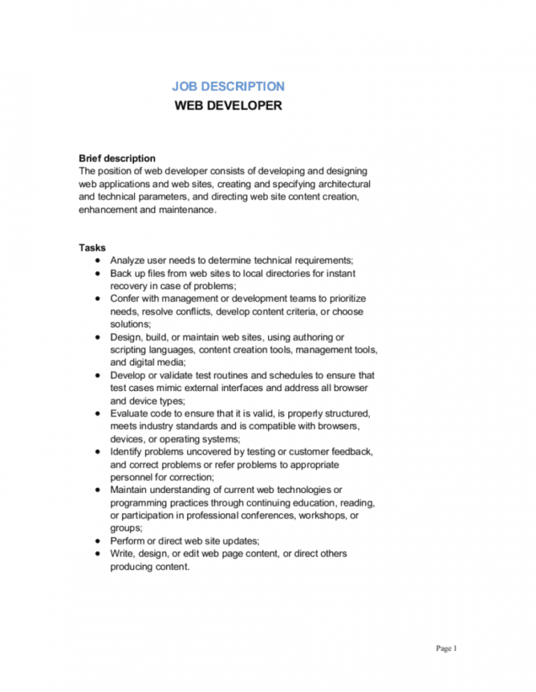 Web Developer Job Description Template By Businessinabox™ Web Designer ...