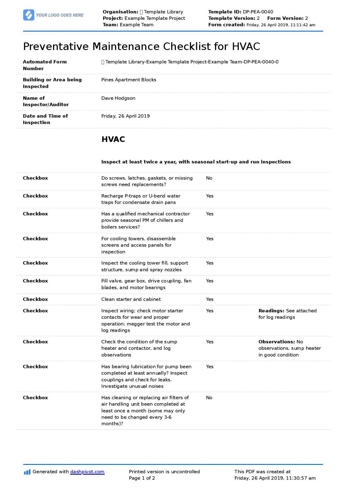 Hvac Inspection Checklist Template