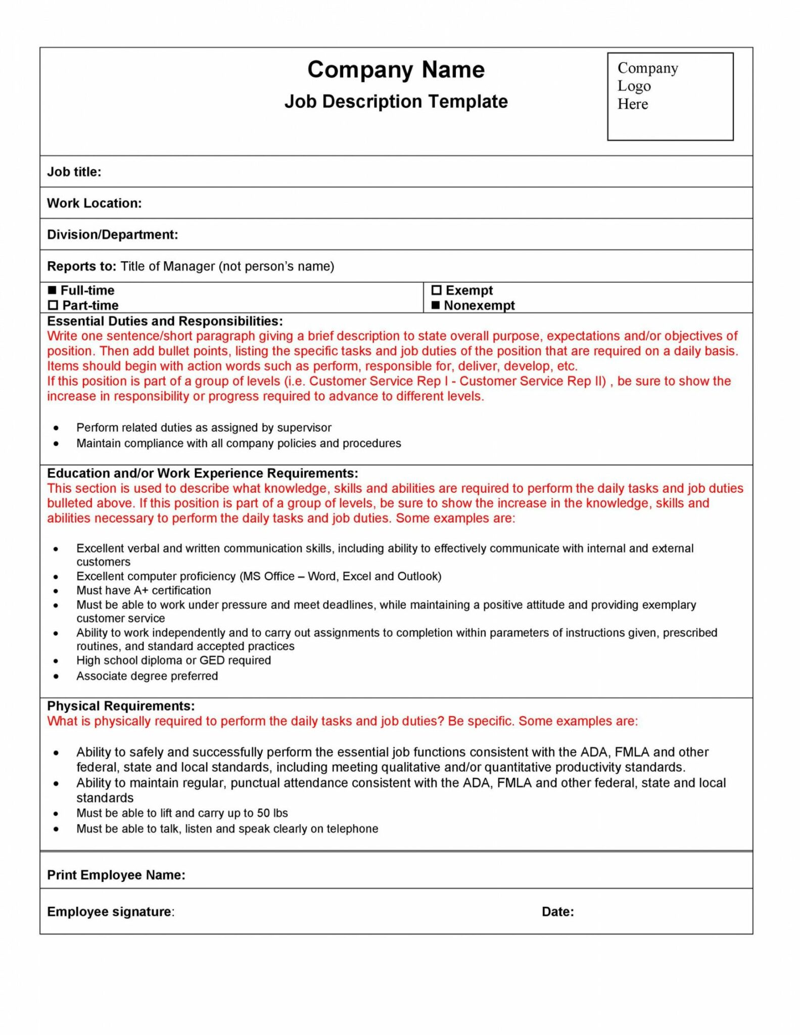 Free Job Description Template Google Docs