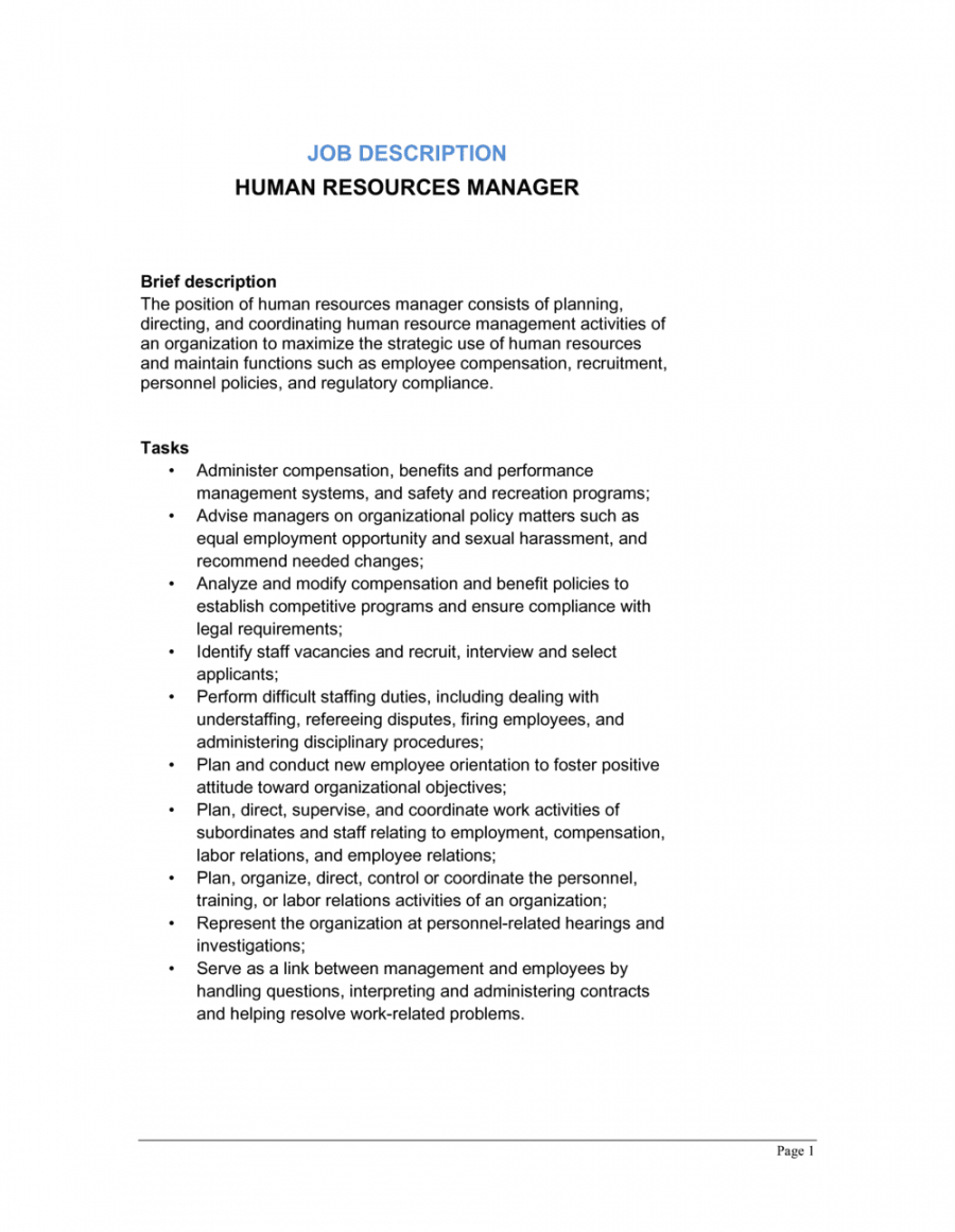 free human resources manager job description template  by hr job description template and sample