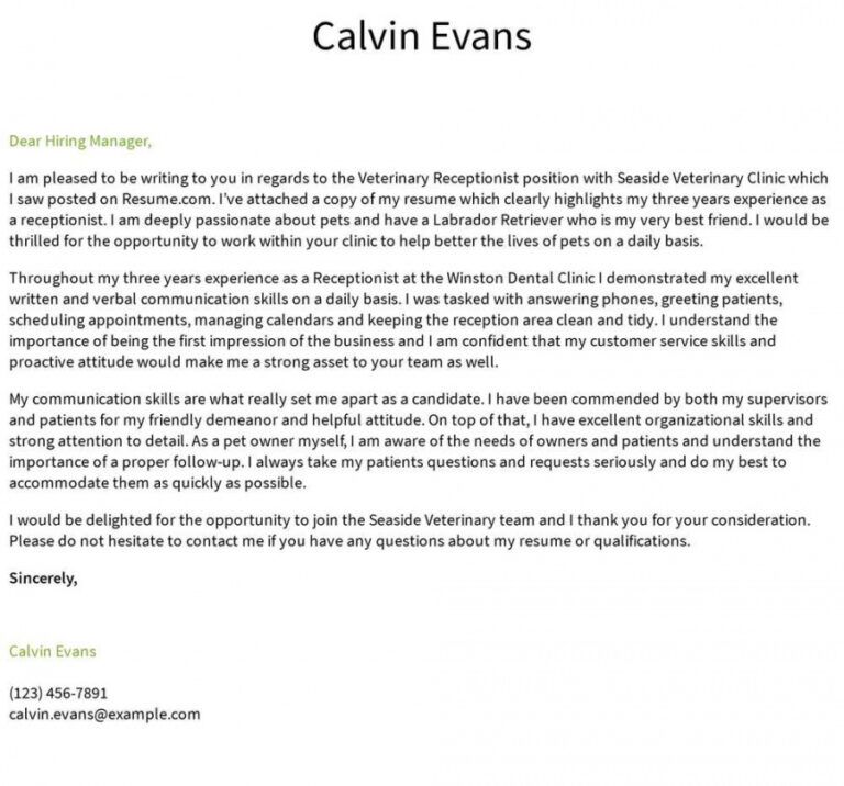 Veterinary Receptionist Cover Letter Examples Samples Veterinary