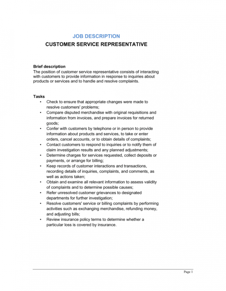 Free Customer Service Representative Job Description Template Salesman 