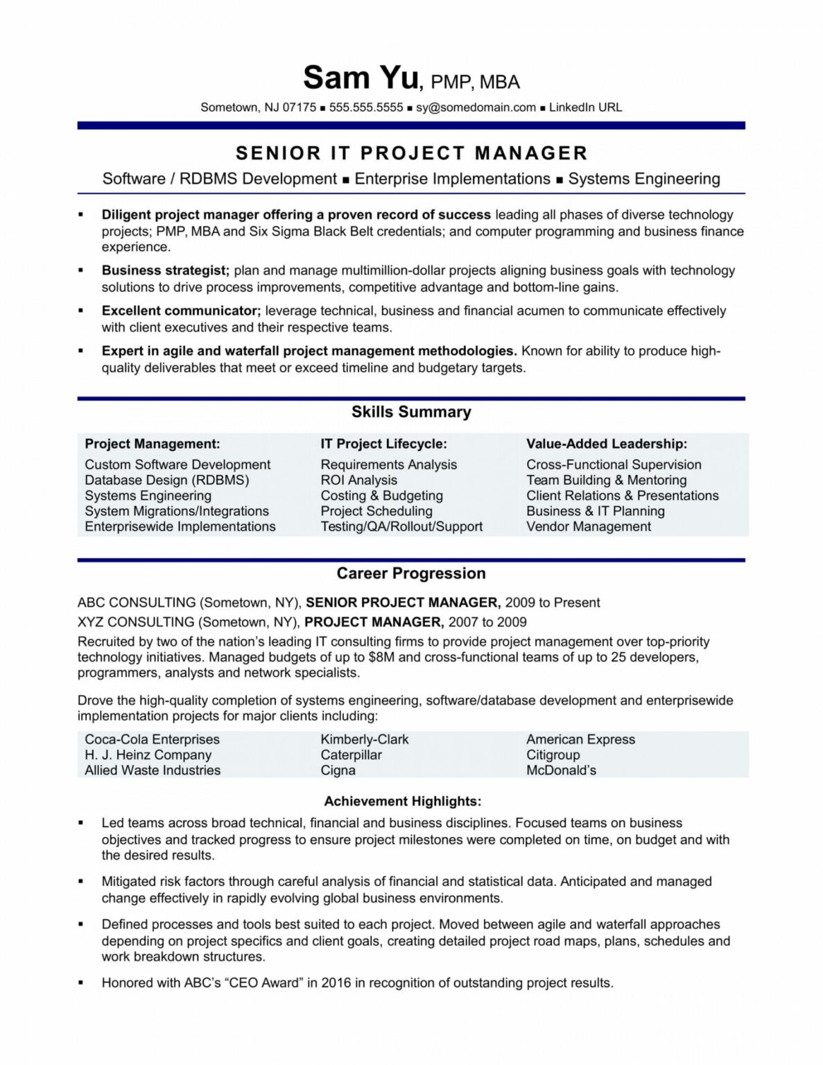 Free Experienced It Project Manager Resume Sample Monster Project Manager Job Description