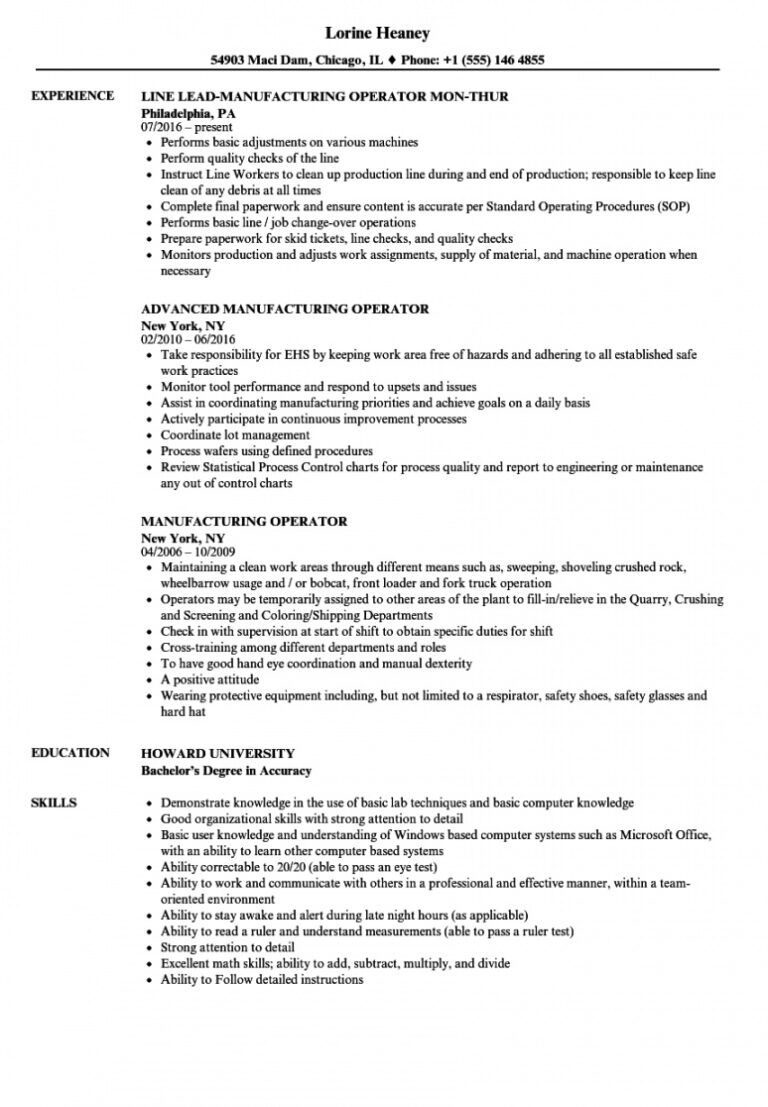 Manufacturing Operative Cv Example