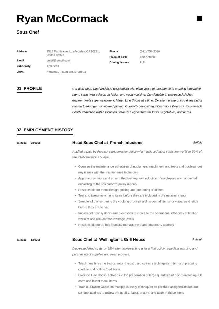Sous Chef Resume & Writing Guide 12 Resume Examples 2020 Sous Chef Job