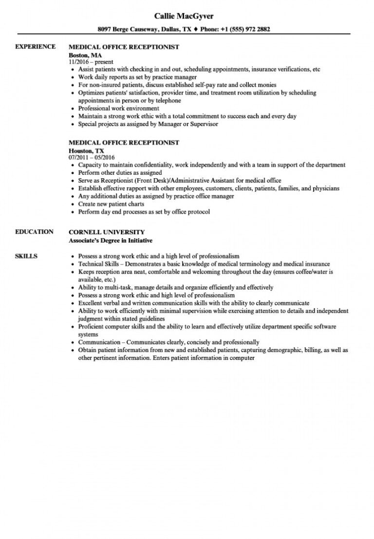 Medical Receptionist Job Description Template Excel Example Dremelmicro