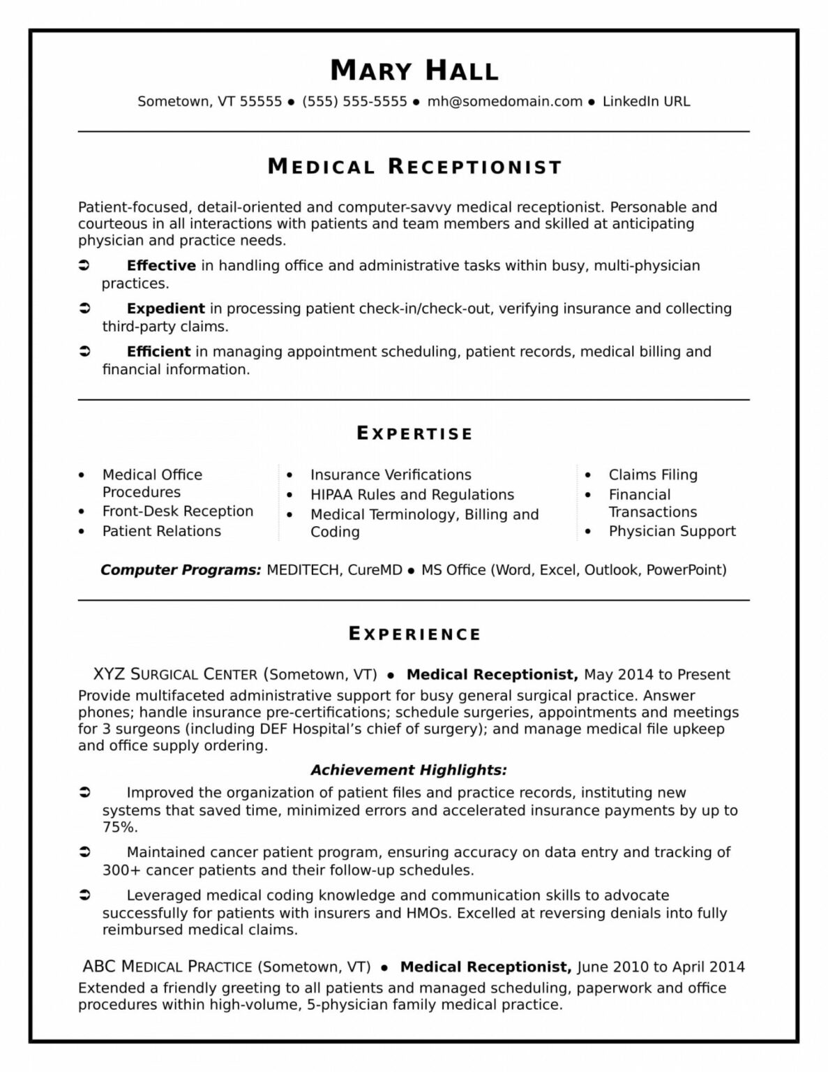 Printable Medical Receptionist Job Description Template PDF Example