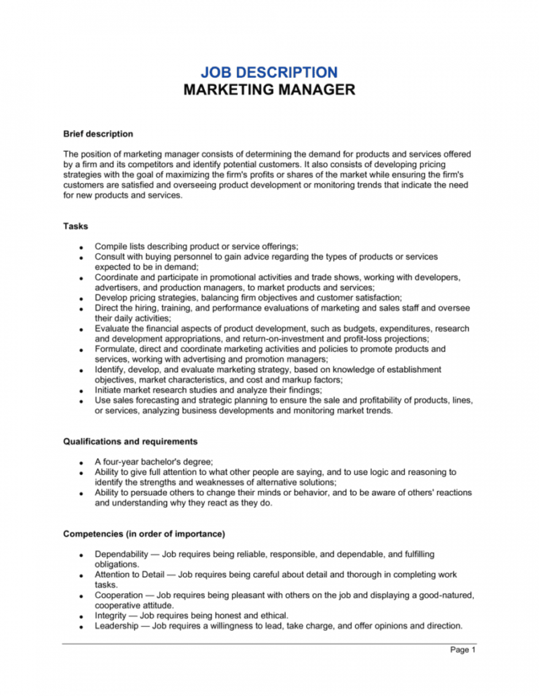 Printable Marketing Assistant Job Description Template Doc Example