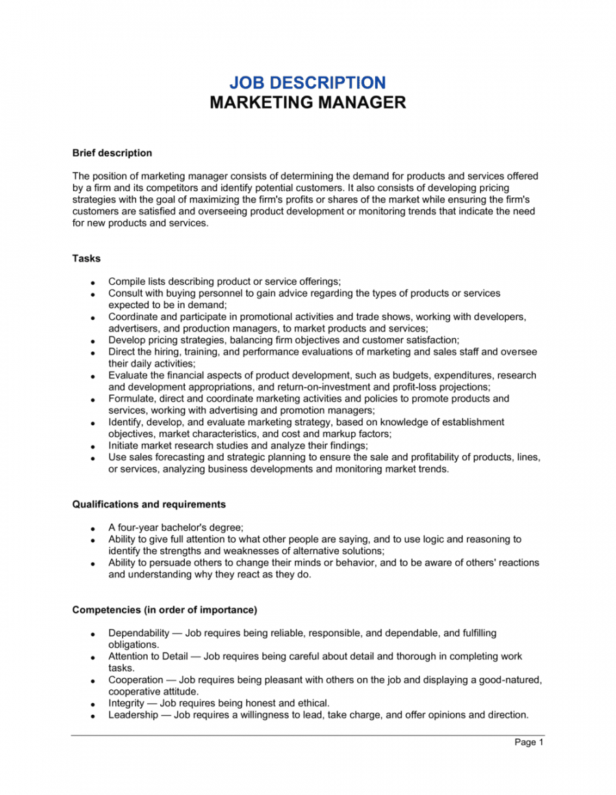 Job Description Example For Marketing Manager