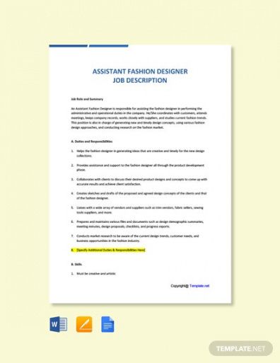 free assistant fashion designer job description  word virtual assistant job description template