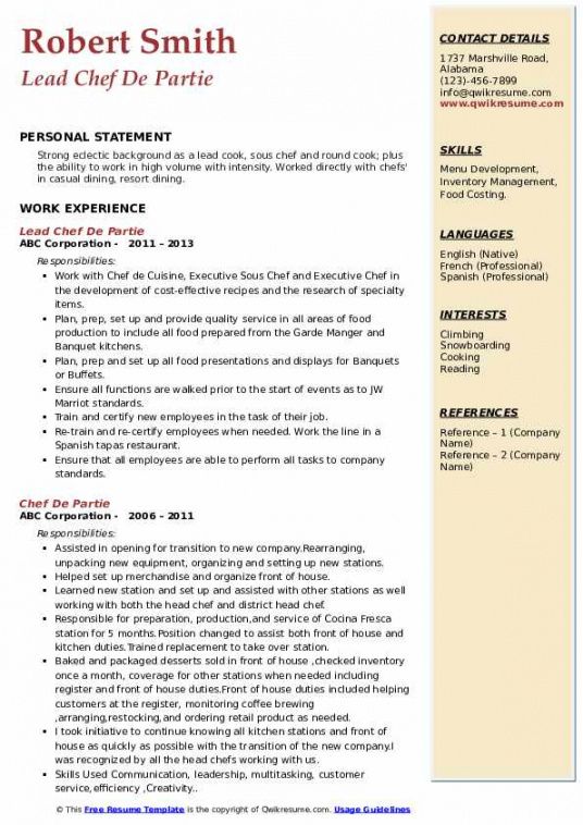 free chef de partie resume samples  qwikresume sous chef job description template pdf
