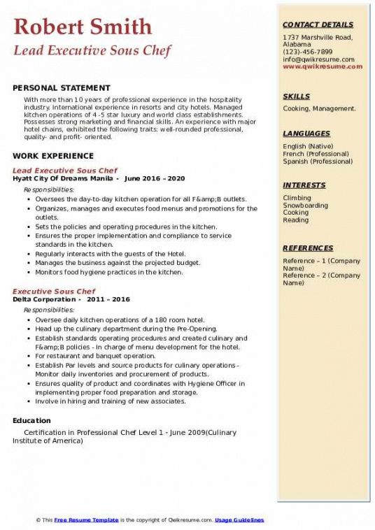 free executive sous chef resume samples  qwikresume sous chef job description template pdf