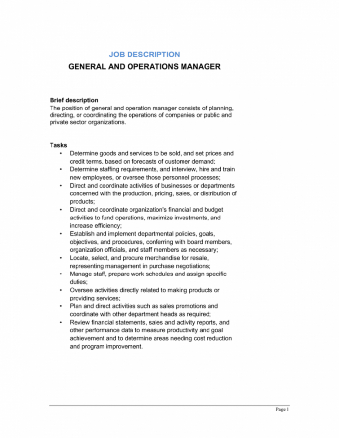 free general and operations manager job description template by generic job description template pdf