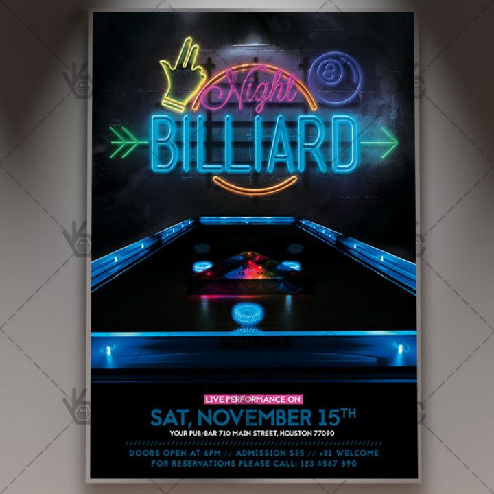 free neon billiard  premium flyer psd template  psdmarket pool tournament flyer template pdf
