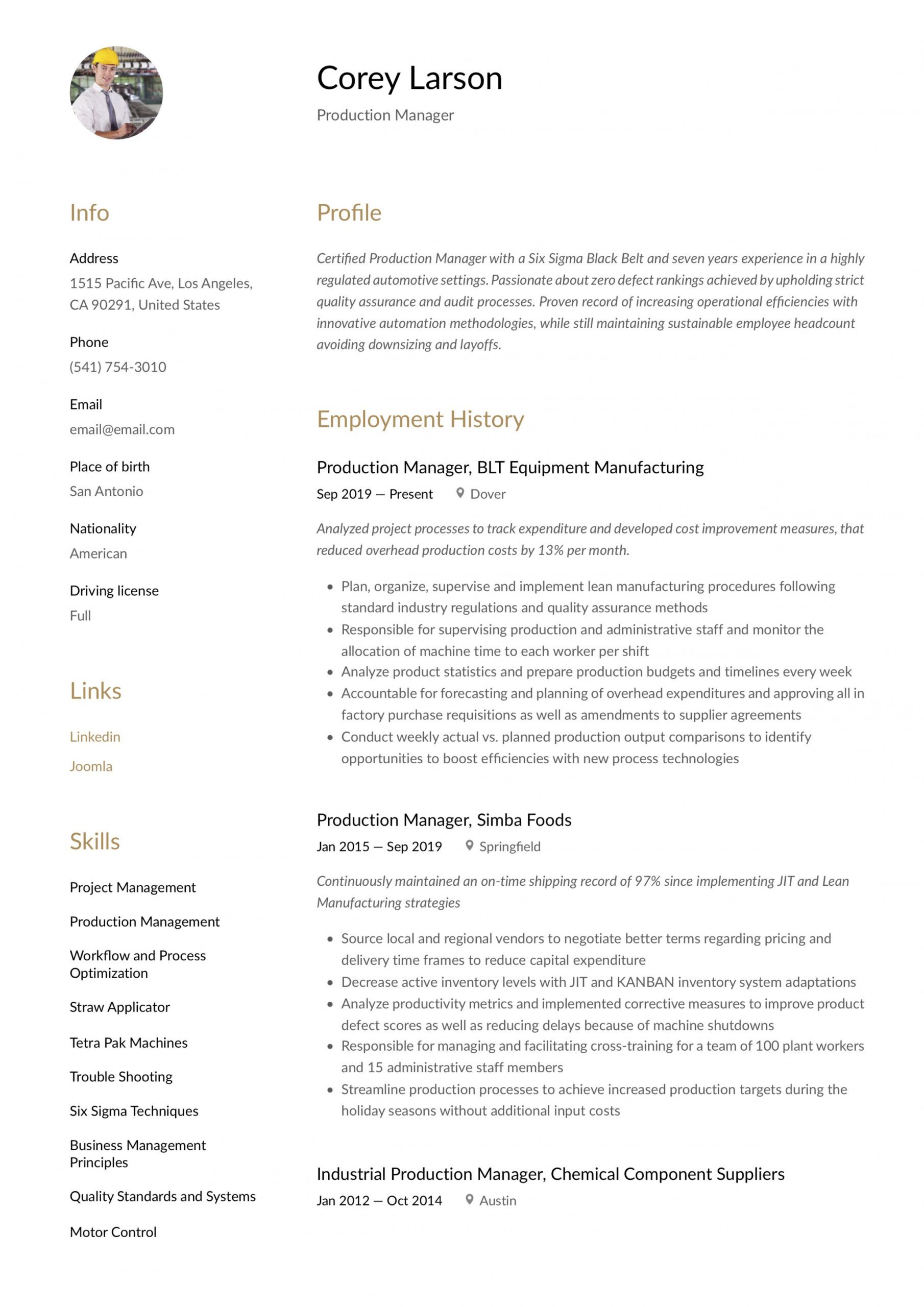 free production manager resume &amp;amp; writing guide  12 templates production manager job description template and sample