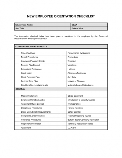 editable 2 employee orientation checklist templates  word excel orientation checklist template samples