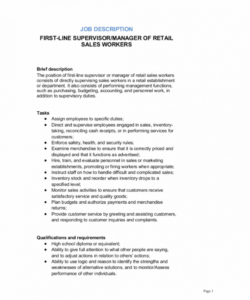 firstline supervisor or manager of retail sales workers retail manager job description template