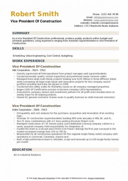 free vice president of construction resume samples  qwikresume vice president of operations job description template doc