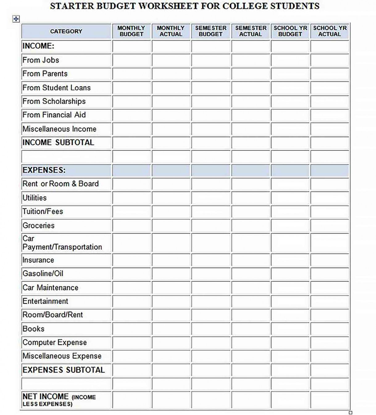 editable printable budget worksheet template  culturopedia budget template for college graduate word