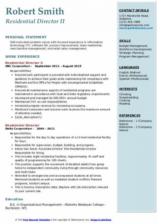 free residential director resume samples  qwikresume opwdd self direction budget template sample