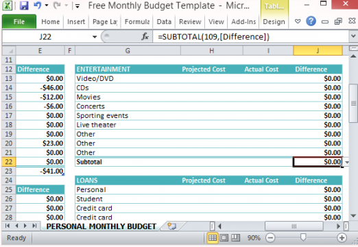 sample free personal monthly budget template for excel actual and projected personal budget template blank sample