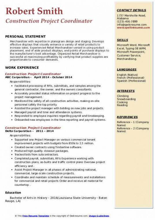 construction project coordinator resume samples  qwikresume manufacturing project manager job description template and sample