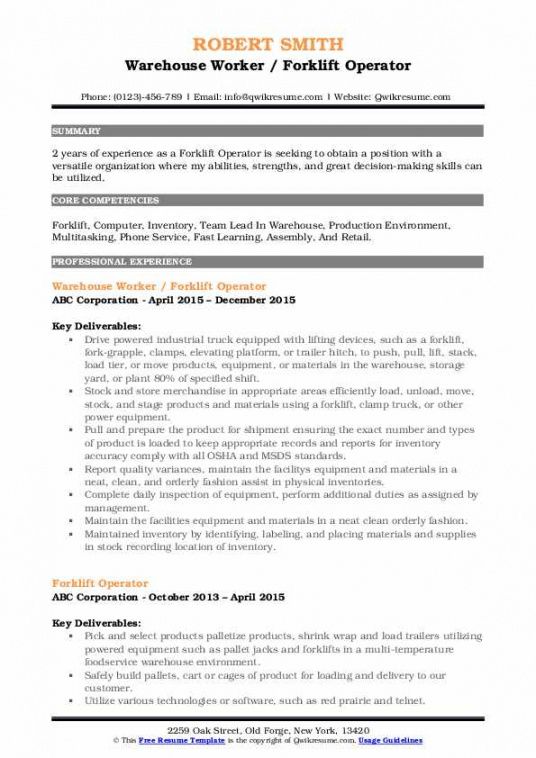 forklift operator resume samples  qwikresume senior warehouse operative job description template
