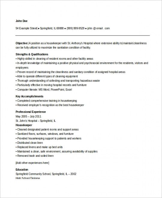 free 7 sample housekeeping resume templates in ms word  pdf housekeeping supervisor job description template pdf