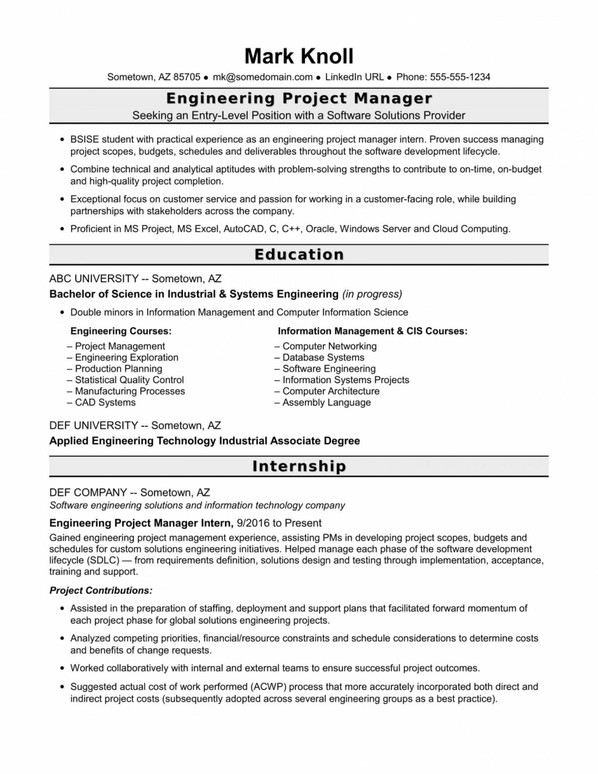 free-entrylevel-project-manager-resume-for-engineers-monster