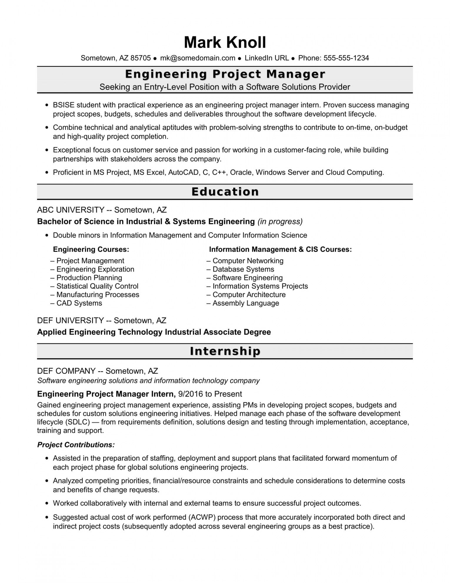 free entrylevel project manager resume for engineers  monster manufacturing project manager job description template and sample