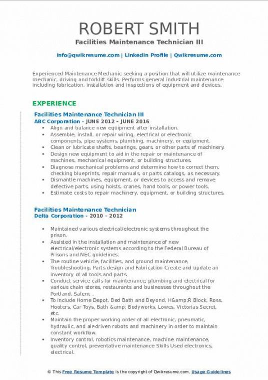 free facilities maintenance technician resume samples  qwikresume light duty job description template pdf