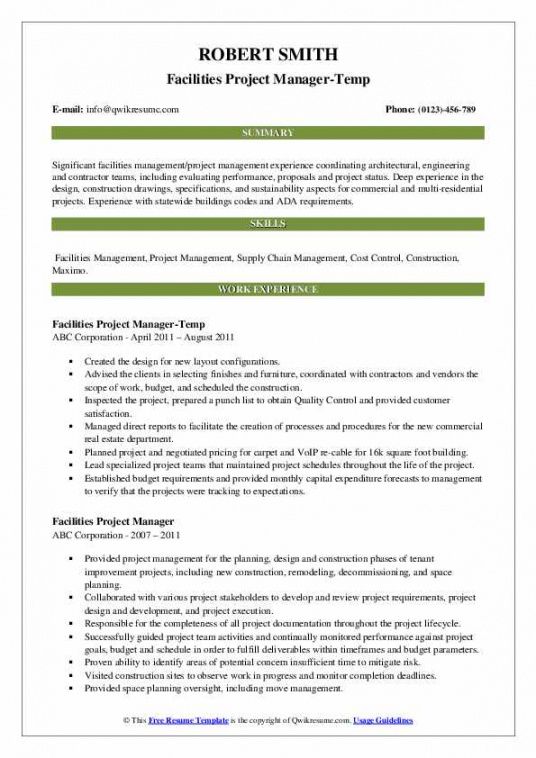 free facilities project manager resume samples  qwikresume junior project manager job description template