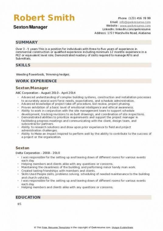 free sexton resume samples  qwikresume light duty job description template