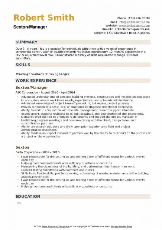 Free Sexton Resume Samples Qwikresume Light Duty Job Description