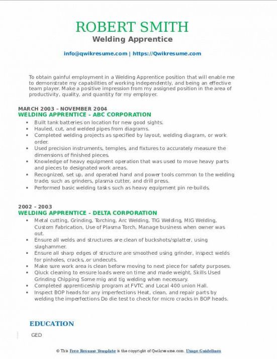 free welding apprentice resume samples  qwikresume apprenticeship job description template pdf