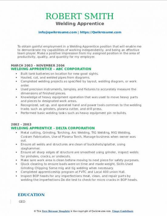 Free Welding Apprentice Resume Samples Qwikresume Apprenticeship Job ...