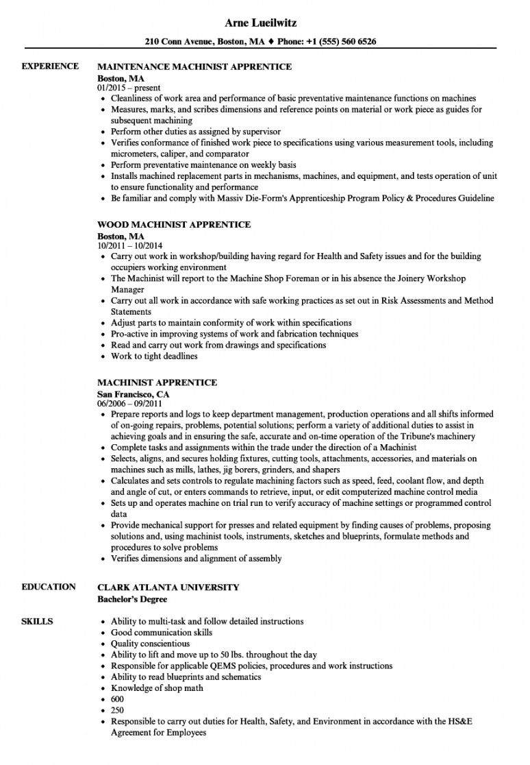 Machinist Apprentice Resume Samples Velvet Jobs Apprenticeship Job 