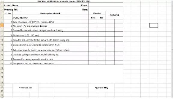 checklist for bored cast insitu piles concreting civil engineering design checklist template excel