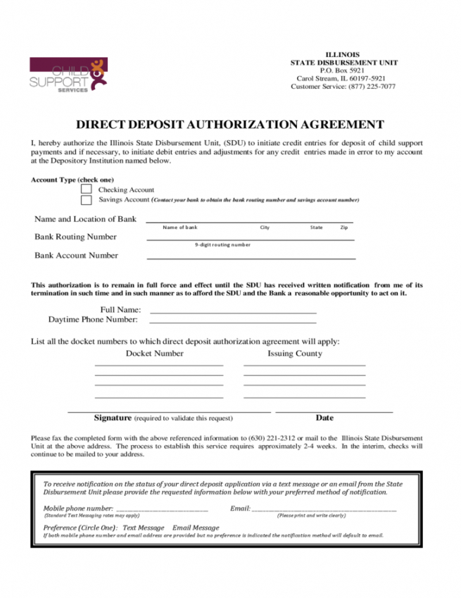 direct deposit authorization agreement form  illinois authorization agreement for direct deposit template sample