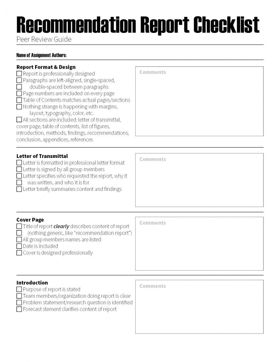 editable recommendation report peer review checklist  the visual business rules analysis template doc