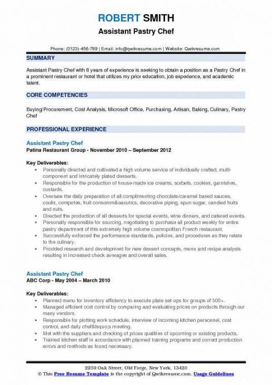 Free Assistant Pastry Chef Resume Samples Qwikresume Kitchen Assistant Job Description Template Pdf 