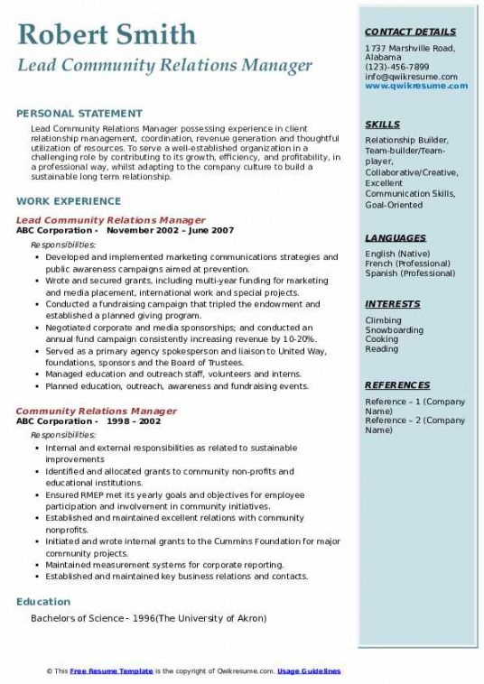 free community relations manager resume samples  qwikresume sustainability manager job description template