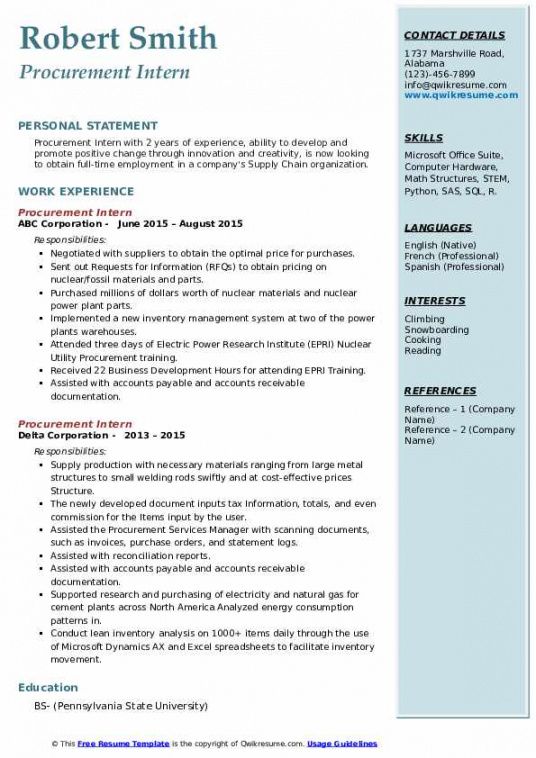 free procurement intern resume samples  qwikresume procurement specialist job description template and sample