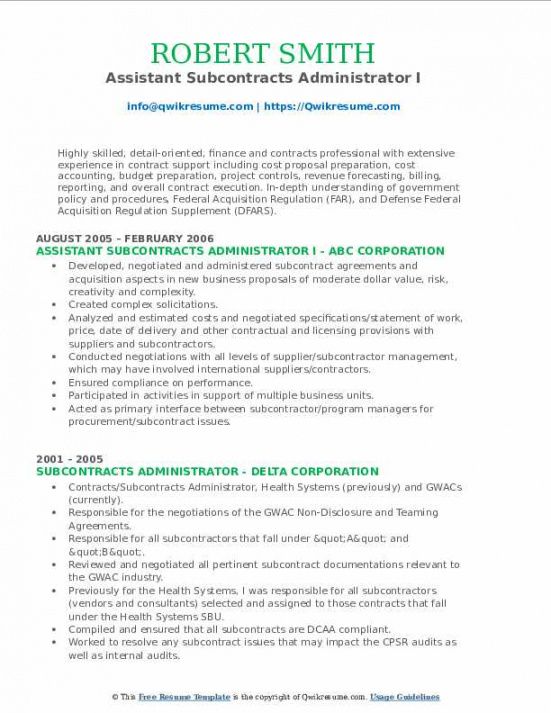 free subcontracts administrator resume samples  qwikresume global job description template